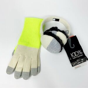 Beige & Grey Knit Earmuff Headphones • Neon and Grey Knit Gloves Set • NWT